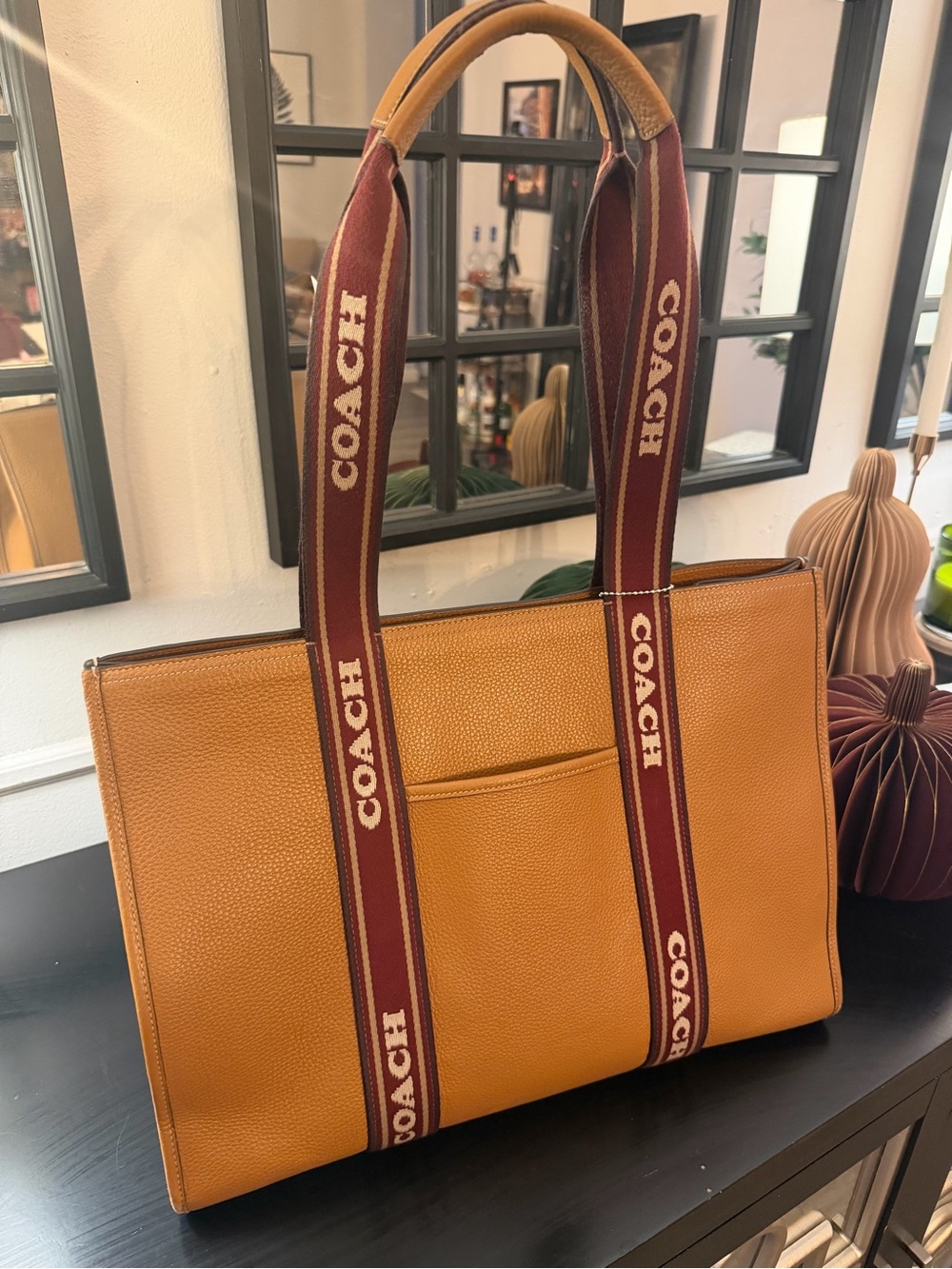 Coach Tan Leather Tote with Burgundy Logo Webbing Straps